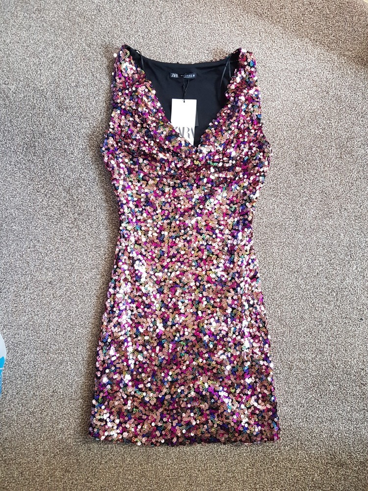 BNWT Zara Pink Sequin Dress Cowl Neck Mini Dress Party Pride Rainbow Size XS New