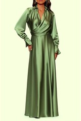 Xscape Olive Green Satin Collared Long Sleeve Satin Gown Dress Size 14 $288