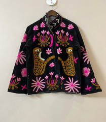 Handmade Hand-Embroidered Leopard Floral Velvet Jacket, Velvet Embroidered