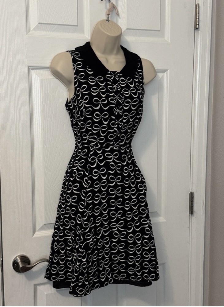 Kate Spade Mackenna Black White Bow Print Dress Size 0 Sleeveless A-Line Dress