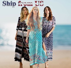 Women&rsquo;s Lady Boho Kimono Sleeve Floral Long Maxi Summer Beach Dress Sundress