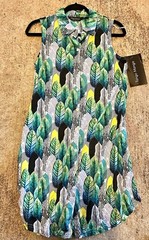 NWT Tango Mango Green/Blue/B&W Leaf Collared Tank Dress, Medium, Pockets