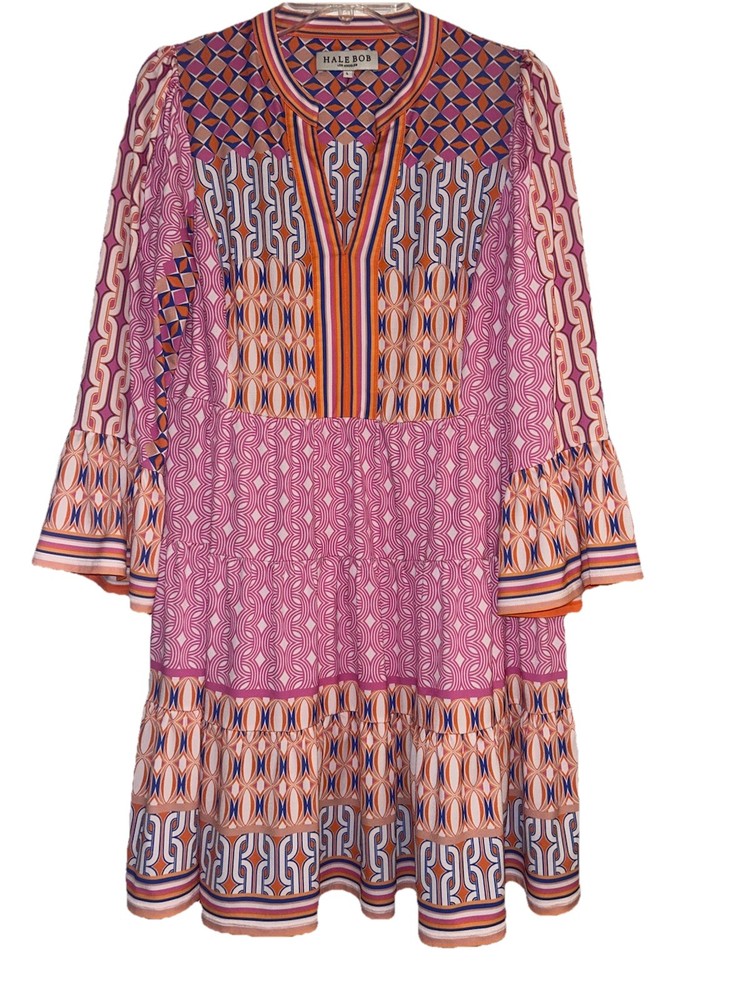 Large Pink Orange Multi Boho Geometric Hale Bob 3/4 Bell Sleeve Dress