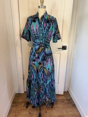 Figue ikat print maxi shirt dress. Lightweight button-front design tie waist.