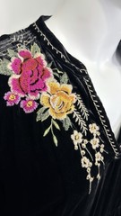 Johnny Was XL Black Silk Blend Velvet Embroidered Floral Boho Tunic Dress