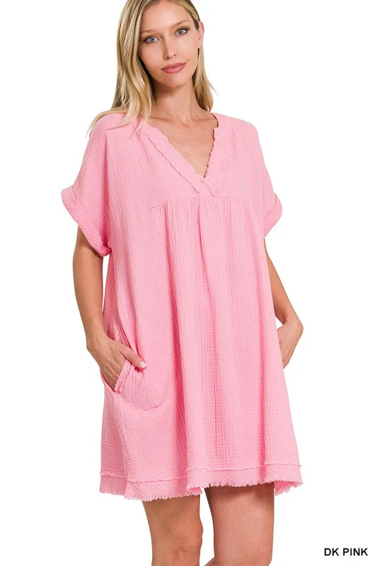 Zenana Cotton Double Gauze Solid Womens Dress S-XL Dk Pink