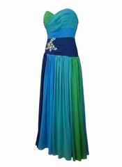 Strapless Multi-Color Blue and Green Rhinestone Embellished Gown