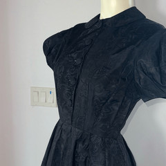 Vintage 1930’s 1940’s Black Puff Sleeve Full Sweep Half Button Dress Size XXS