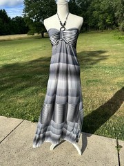 Black/White/Gray Striped Halter Ring Stretch Maxi Dress S