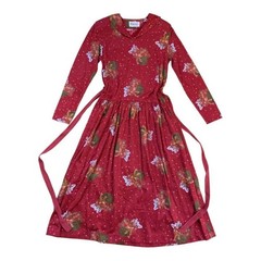Vintage PINK HOUSE Sailor Collar Floral Long Dress Red Cotton 100% Waist Ribbon