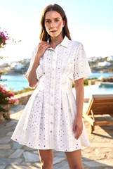 NWT Cal Style Eyelet Button-up Front Cotton Shirt Dress Pockets Lined sz L White