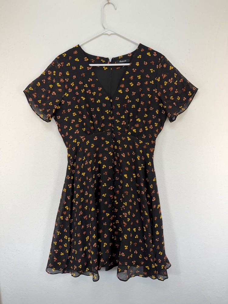 MADEWELL 100% Silk Button-Front Swing Dress in Black Feline Floral Size 6