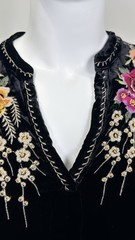 Johnny Was XL Black Silk Blend Velvet Embroidered Floral Boho Tunic Dress