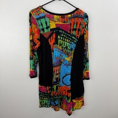 Orientique Tunic Womens Large Black Multi City Scene Print V-Neck 3/4 Sleeve Art