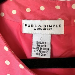 Pure & Simple 100% Silk Pink White Polka Dot Ruffle Hem Short Sleeve Dress Sz 8