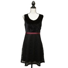 Mystree Crushed Velour Top, Lace Skirt, High Waist w/Ribbon, Black Dress Size M
