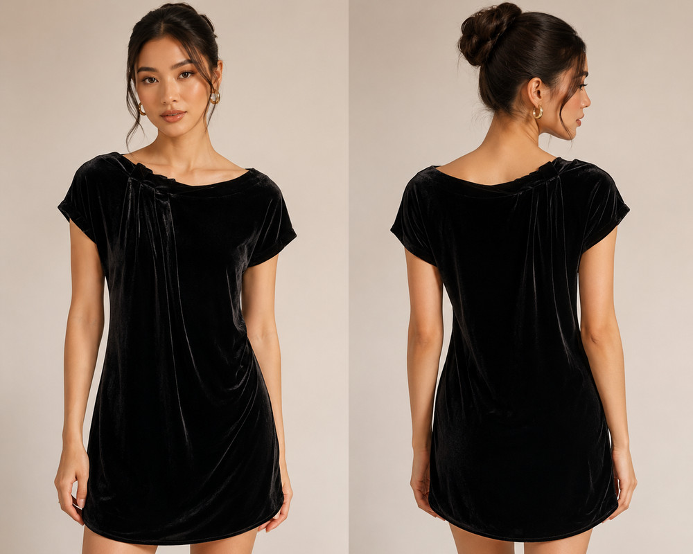 BCB Generation Velour Pleated Neckline Mini Dress Womens XS Black Ruched Stretch