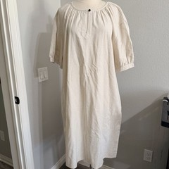 Ivory Linen & Cotton Blend Shirt Dress Midi Popover 3/4 Balloon Sleeve