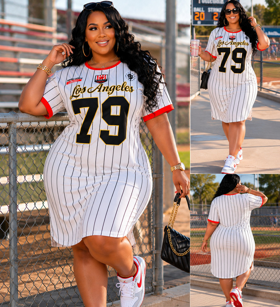 SHEIN Curve 1XL Los Angeles 79 Jersey Dress White Pinstripe Sports Graphic Midi
