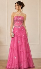 Fuchsia Strapless Floral Beaded Long Gown Dress Size 4