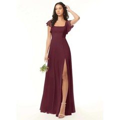 Azazie Bondi Burgundy Chiffon Square Neck Flutter Sleeve Maxi Dress with Slit A2