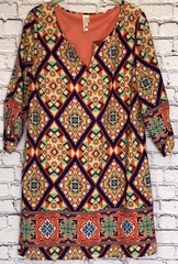 PINK OWL Women&rsquo;s Dress Large Shift Knee Length Long Sleeve Multicolor Lined EUC
