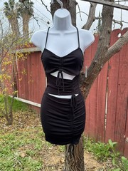 Black Ribbed Bodycon Mini Tank Dress Clubwear Cut Outs LBD Sexy 80s 90s Lace Up