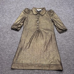 Buru Dress Womens Small Gold Metallic Collared Puff Sleeve Shirt Short Party