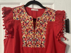 Kirundo Embroidered Boho Mini Dress Red Pom Pom Flutter Sleeve Ruffle Hem Size L