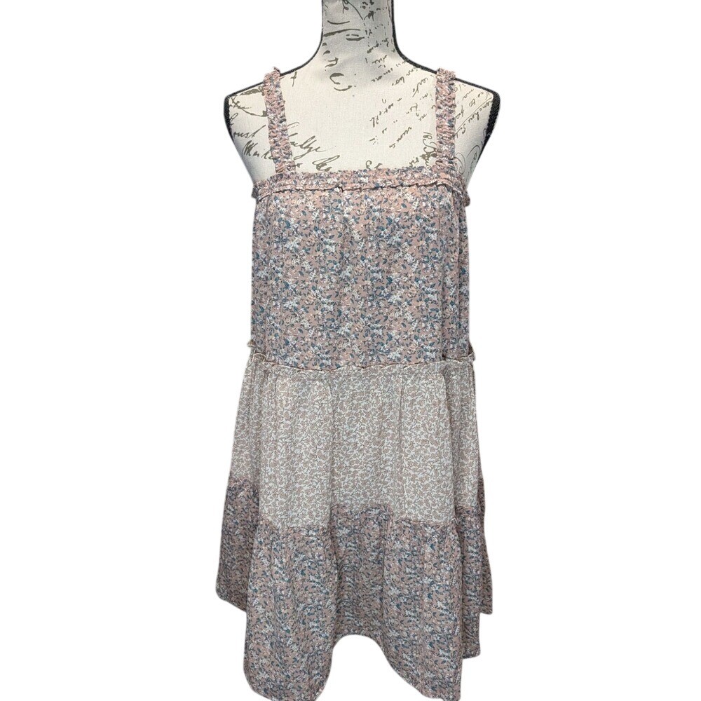 Davi & Dani Pink Blue Floral Tiered Babydoll Ruffle Strap Mini Dress Medium