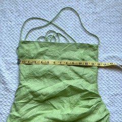 Linen Asymmetrical Mini Dress M L Lime Green Open Back Strappy Ruched Draped