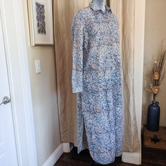 Boho Kalamkari Maxi Shirt Dress S Blue Paisley Cotton Duster Slits Pockets L/S