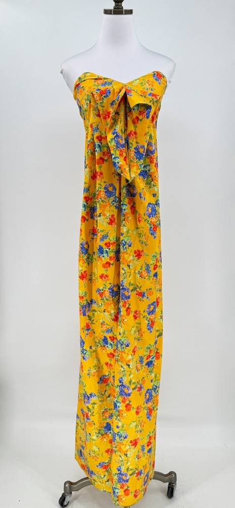 Caroline Constas Kaia Yellow Vibrant Floral Front Bow Strapless Gown Sz S