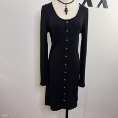 Black Knit Longline Button-Front Cardigan Dress Ribbed Minimal 14