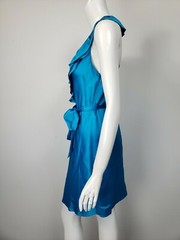 ALI RO Turquoise Blue Hammered Silk Ruffled Asymmetric V-Neck Belted Dress sz 6