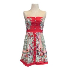 Y2K Red Floral Strapless Mini Dress Metal Ribbing Cotton Blend Size 5
