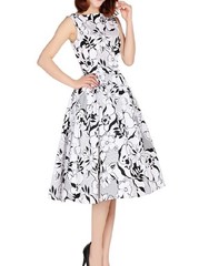 S WHITE BLACK FLORAL FORMAL WEDDING PARTY PRETTY POPLIN PINUP RETRO MIDI DRESS
