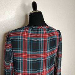 Draper James black red green plaid tie neck flounce shift dress size Small NWT