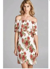 2 Pack Short Off Shoulder Dresses M Ivory Black Red Floral Pleated Cotton Bleu