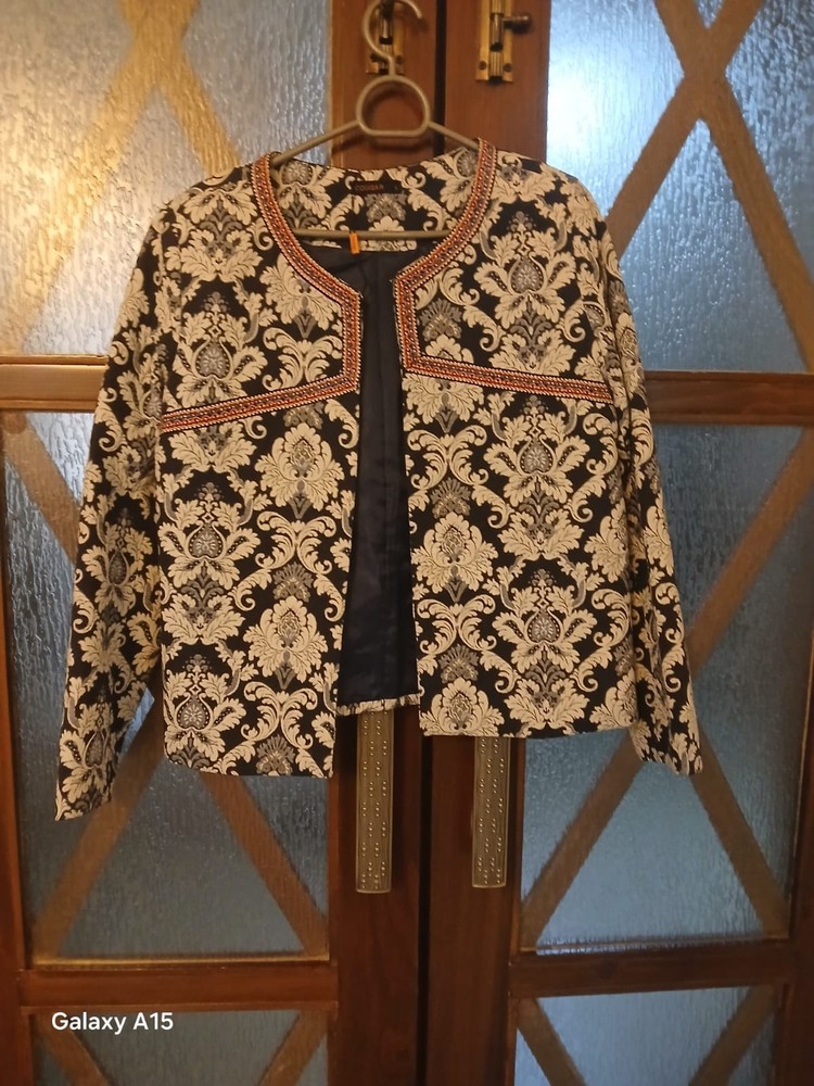 Cougar Damask Brocade Blazer Jacket Beaded Embroidered Navy Cream Sz L