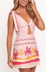 petal and pup Ariarne Mini Dress Pink Palm Twist Front,Tie Shoulder Straps Sz S