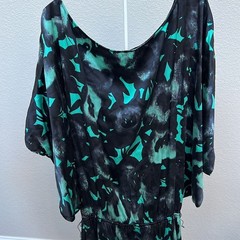 Express Size Small Mini Dress Batwing Sleeves Silk Black Teal Floral Flowy Drape