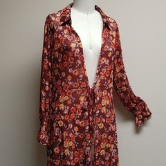 Ember Burgundy with Orange & Gold Flower Print Mesh Duster L