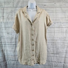 Miou Muse Womens Pop Off Linen Dress Sz Large Beige Short Sleeve