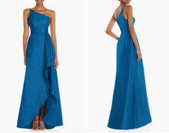 ALFRED SUNG Blue Satin One-Shoulder Draped Hi/Lo A-Line Maxi Gown Dress 4 R US