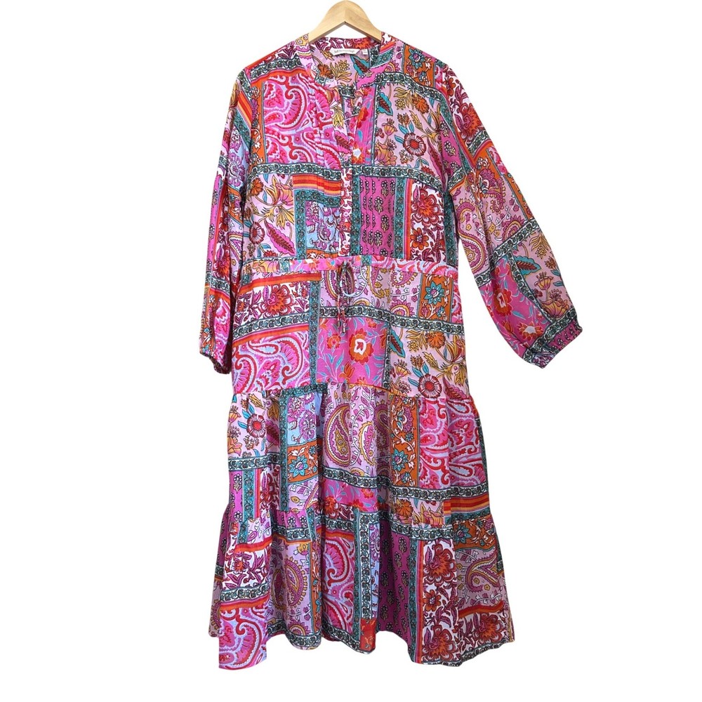 Soft Surroundings Pink Paisley Patchwork Tiered Midi Dress Petite Size XL Puffy