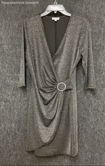 Luxology Women&rsquo;s Silver Black Shimmer Metallic Knit Rhinestone Buckle Dress L