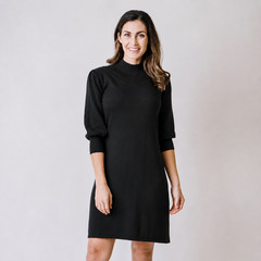 Hope & Henry Organic Cotton Black Mock Neck Puff Sleeve Sweater Dress LBD Sz 12