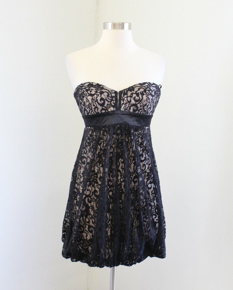 Cache Black Beige Tan Lace Overlay Strapless Bubble Hem Dress Size XS Party