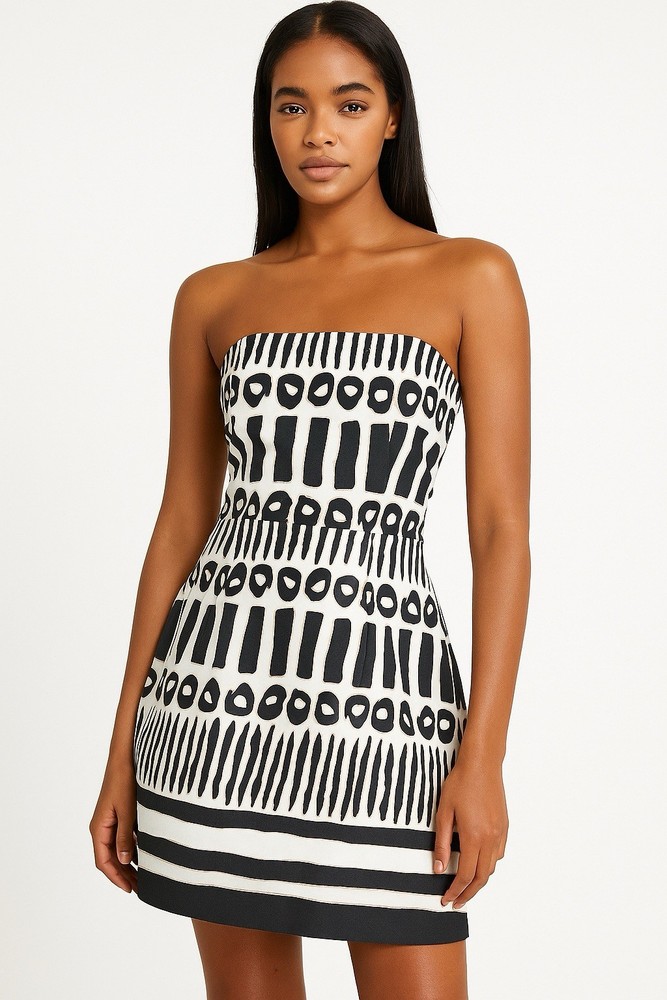 Laundry Shelli Segal 12 Cotton Strapless Mini Dress White Black Stripes Modern